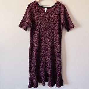 Dressbarn Leopard Print Sweater Midi Dress Peplum Hem Burgundy Size Large